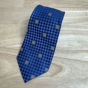 Paul Fredrick Mens Necktie Tie Blue Jacquard Geometric Medallion 100% Silk Crest